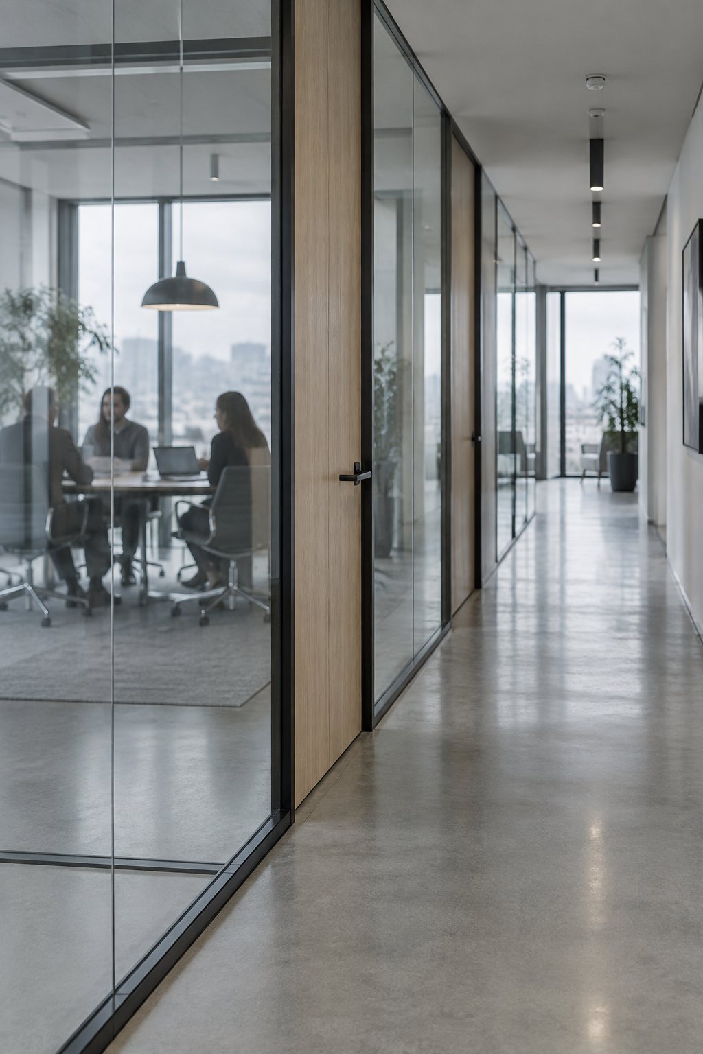 Office corridor with glass meeting rooms